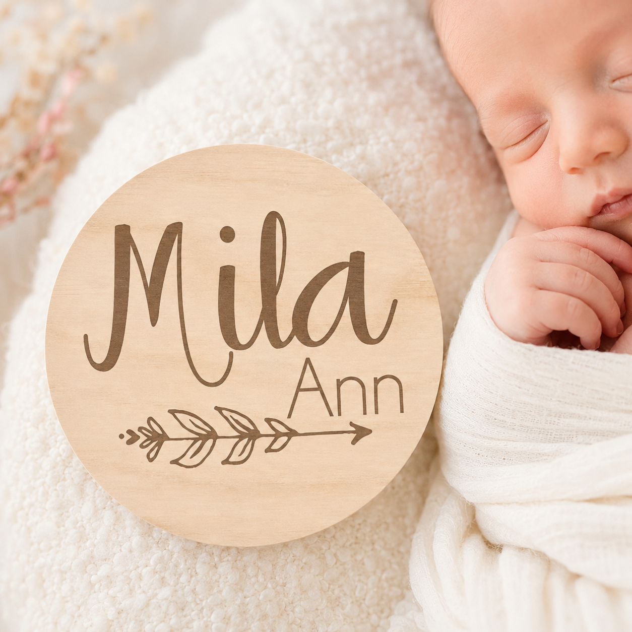 Engraved Wood Newborn Name Sign - Arrow