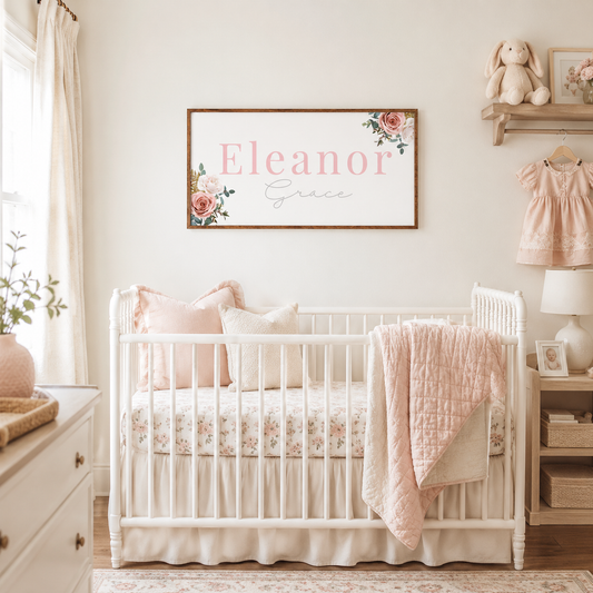 Farmhouse wood framed nursery name sign, floral