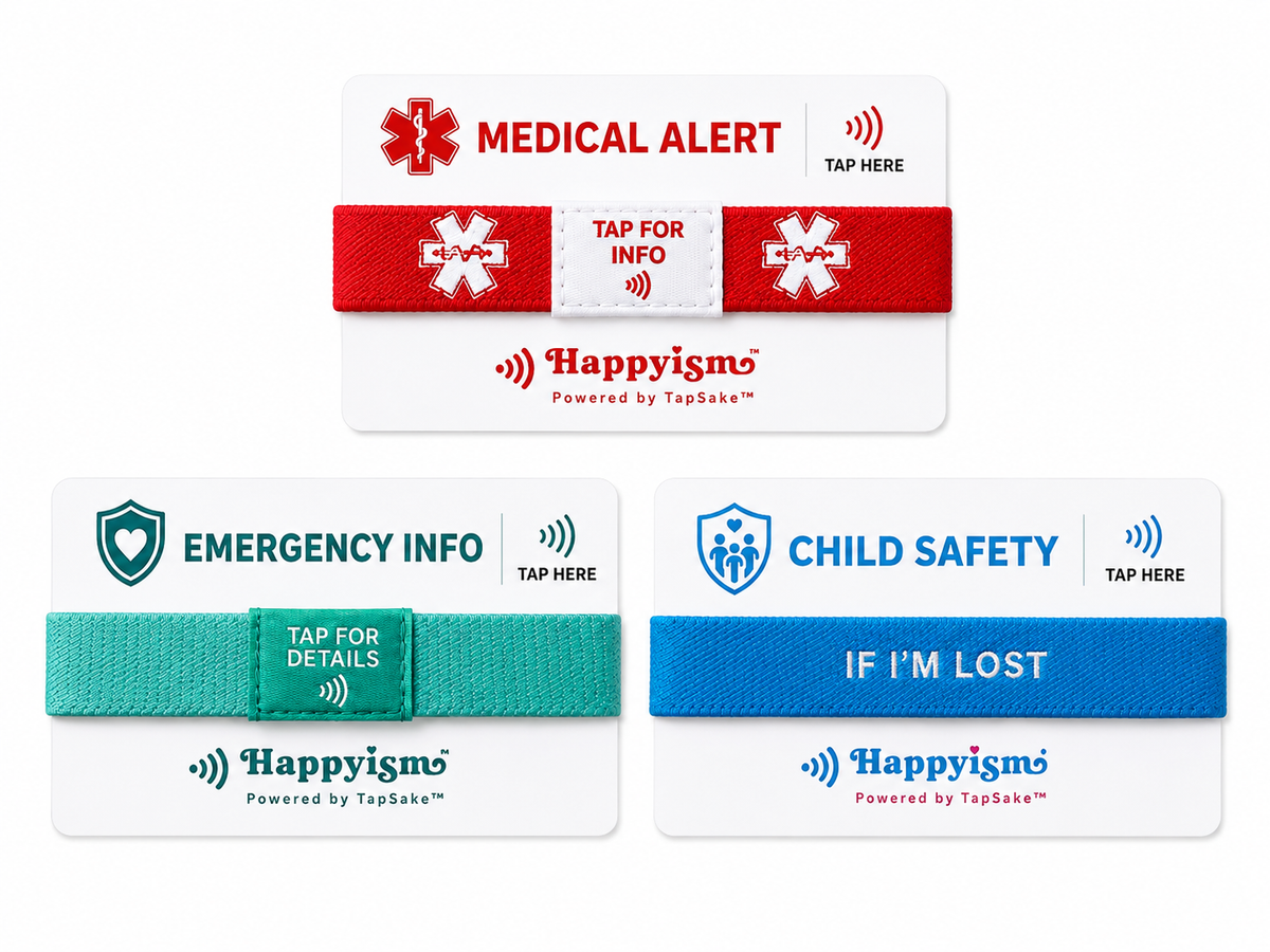 Happyism® Emergency Info Smart Bracelet + NFC Tap Card | Senior & Caregiver Contact Wristband