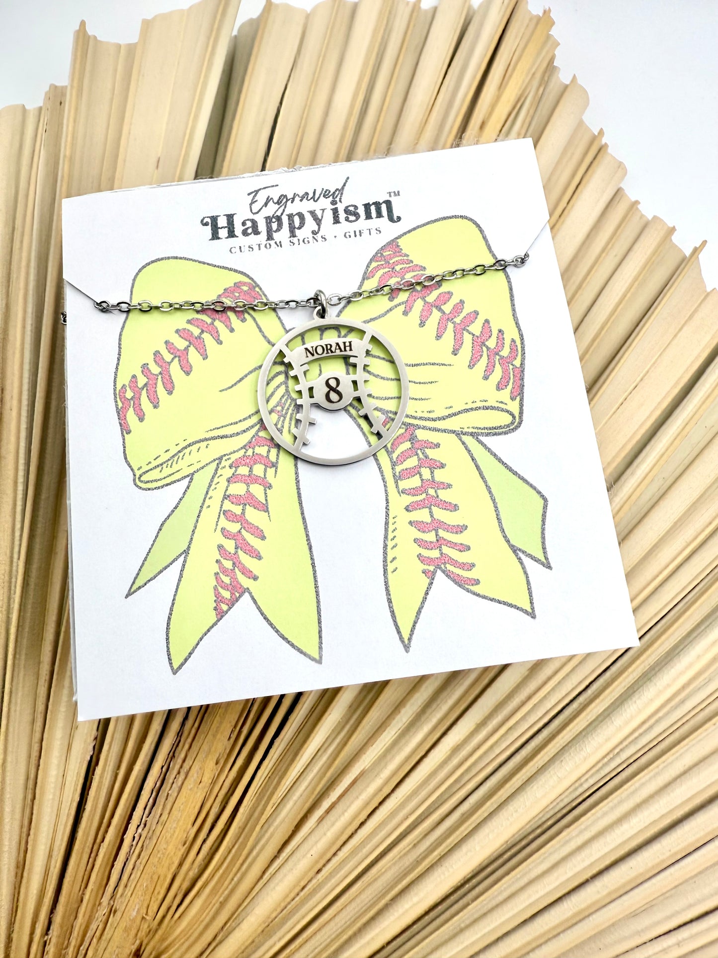 Personalized softball necklace, bow packaging