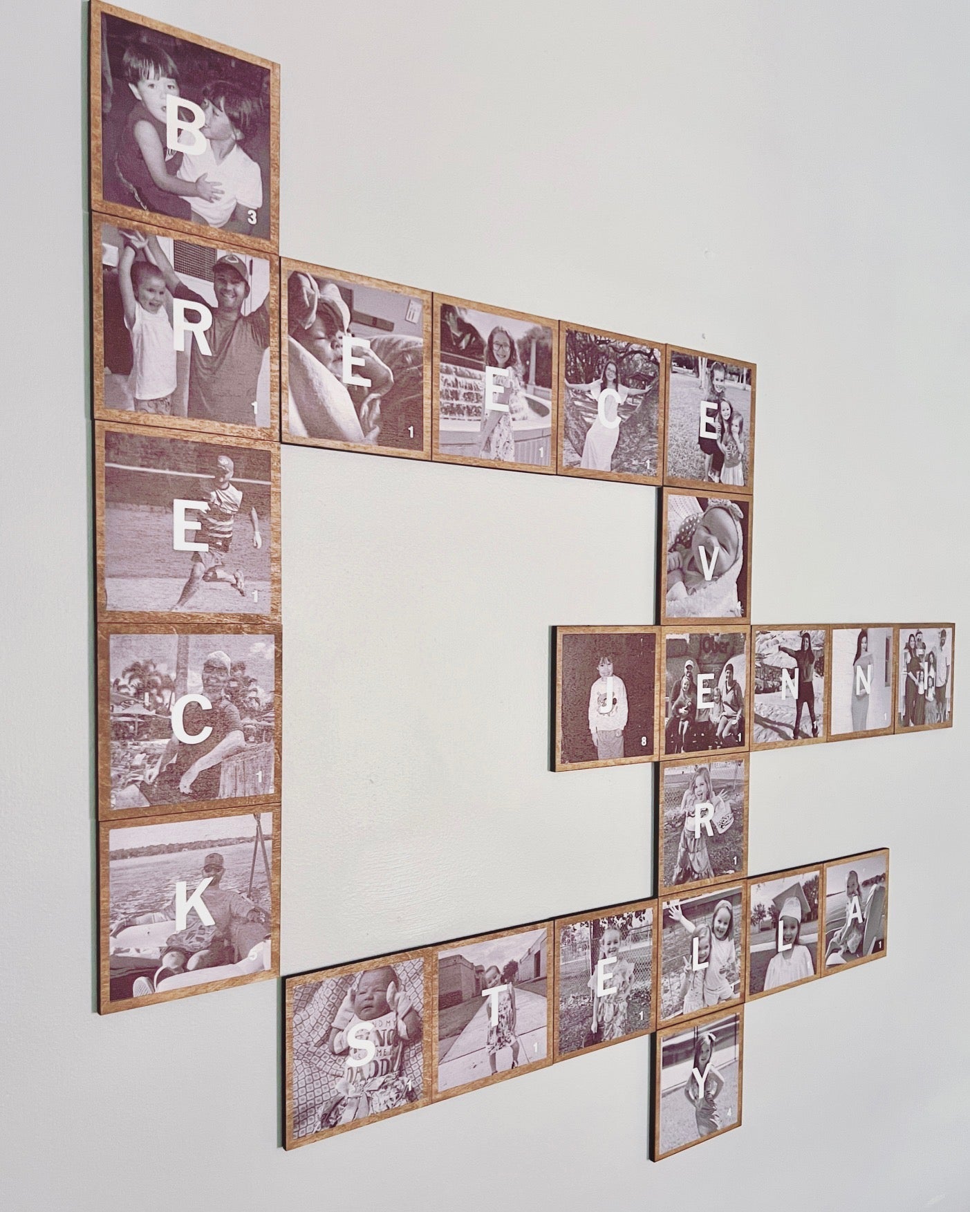 4.5" natural birch Scrabble wooden wall tiles with family photos