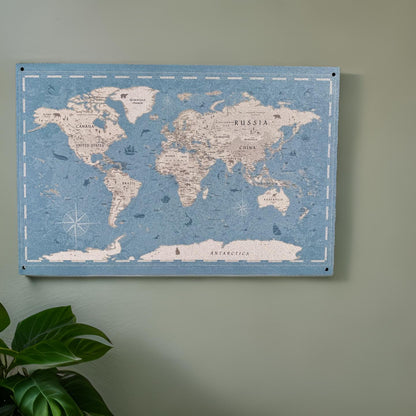 Adventure world map cork board, wall-mounted, includes pushpins & mounting screws