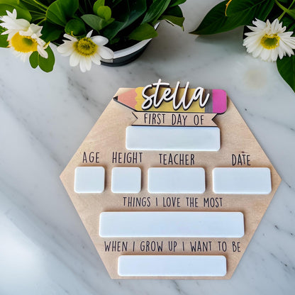 Personalized back to school hexagon sign with name on pencil, interchangeable names, first and last day of school