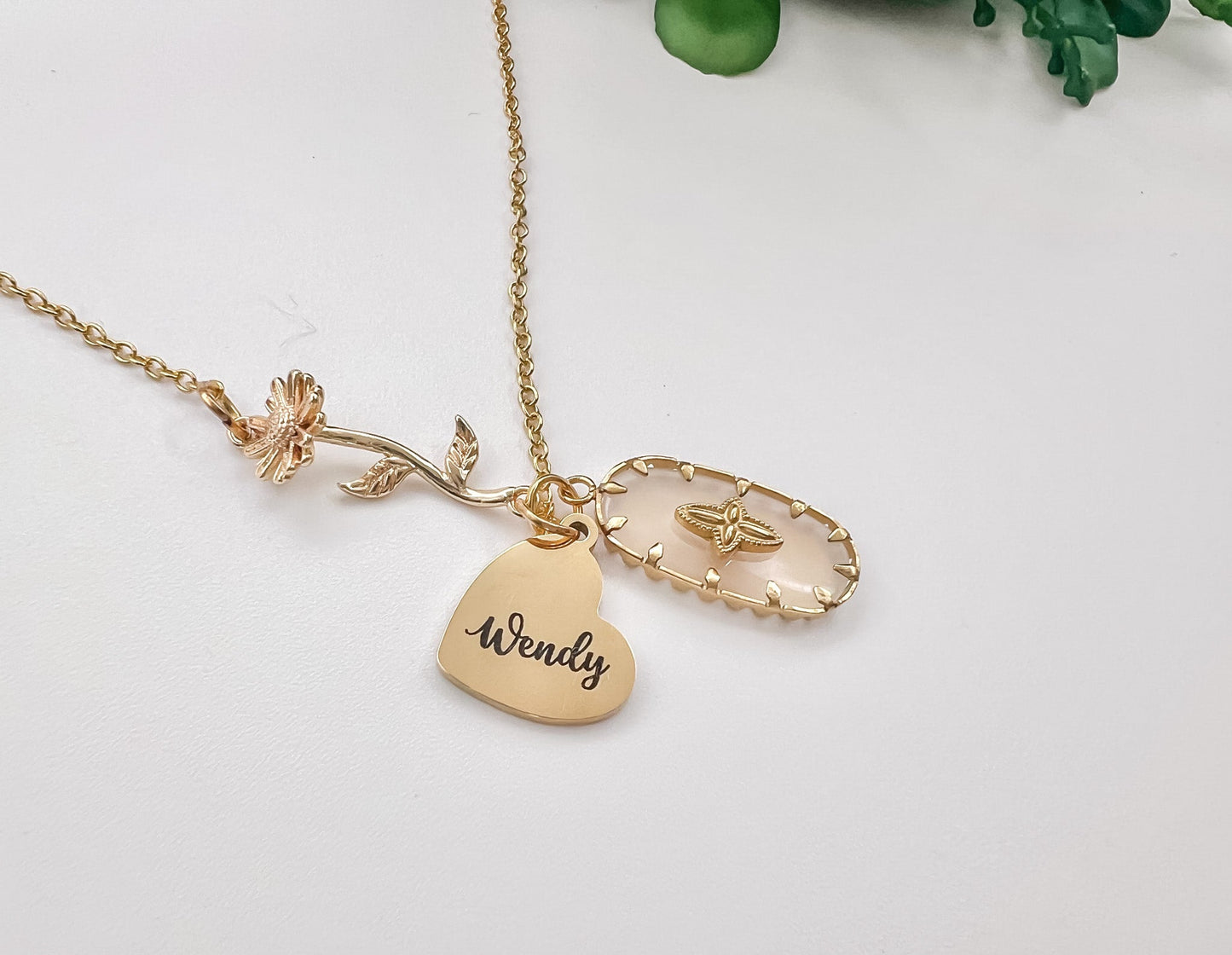 Rooted Wildflowers signature necklace - boho cross, birth flower, and heart charm with name engraving