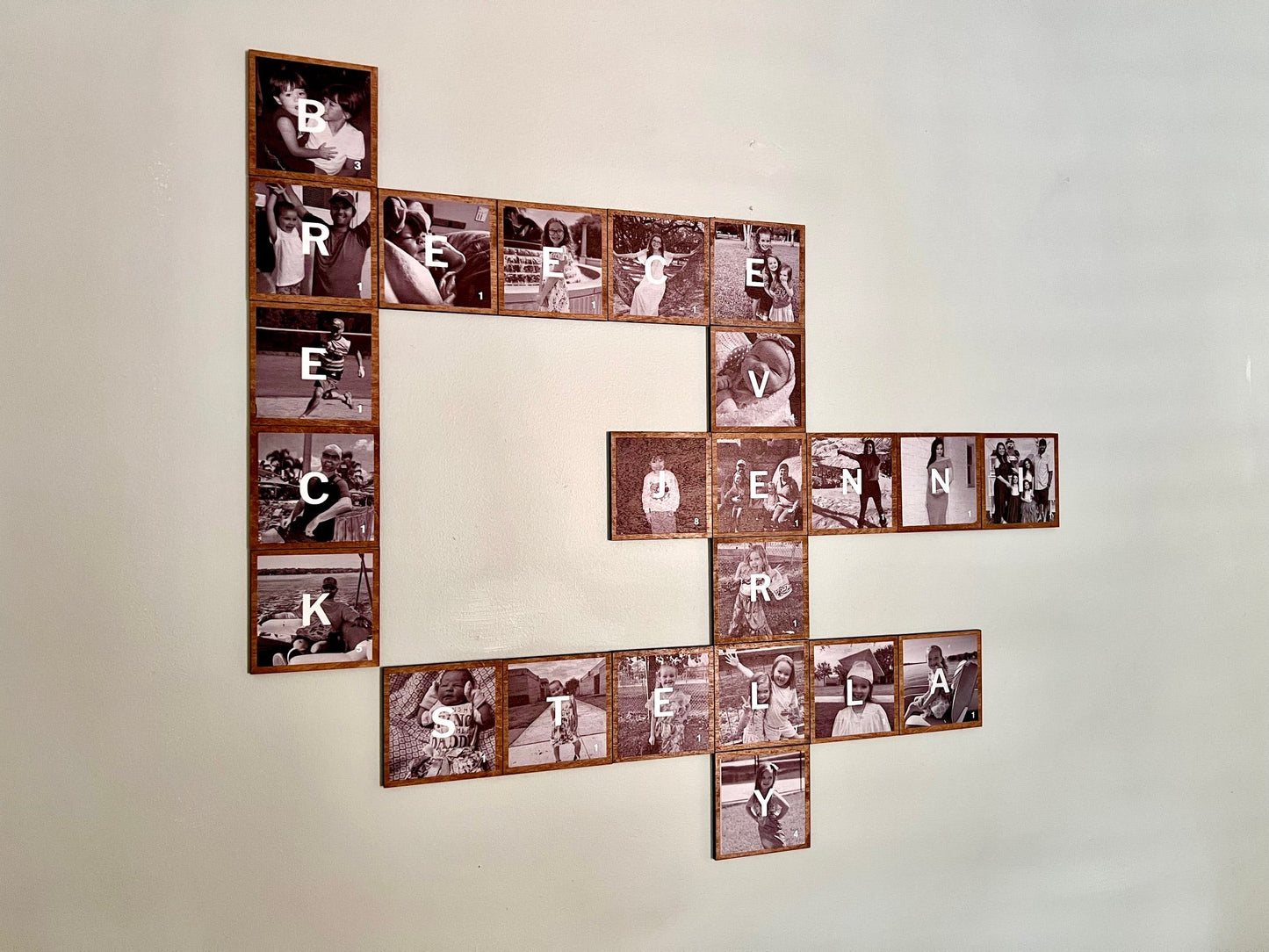 4.5" stained birch Scrabble wooden wall tiles with family photos