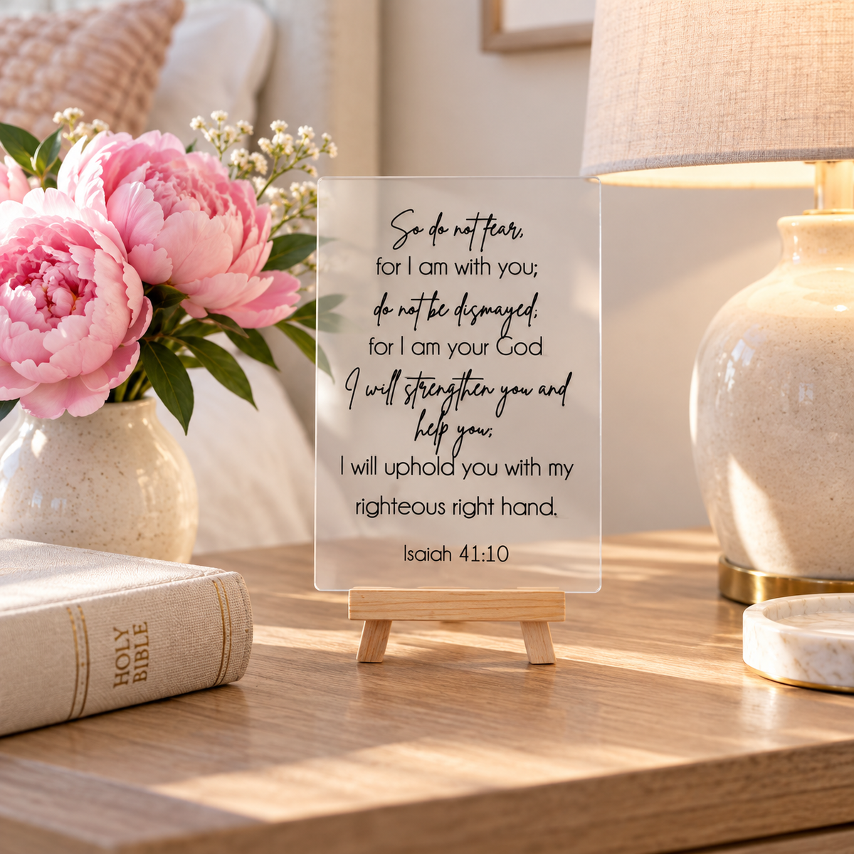 Isaiah 41:10 scripture sign, Acrylic tabletop sign with easel stand