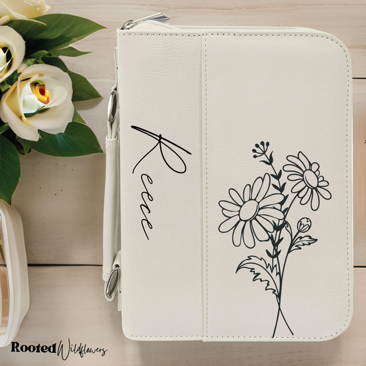 Personalized white leatherette engraved bible case with zipper, birth flower design