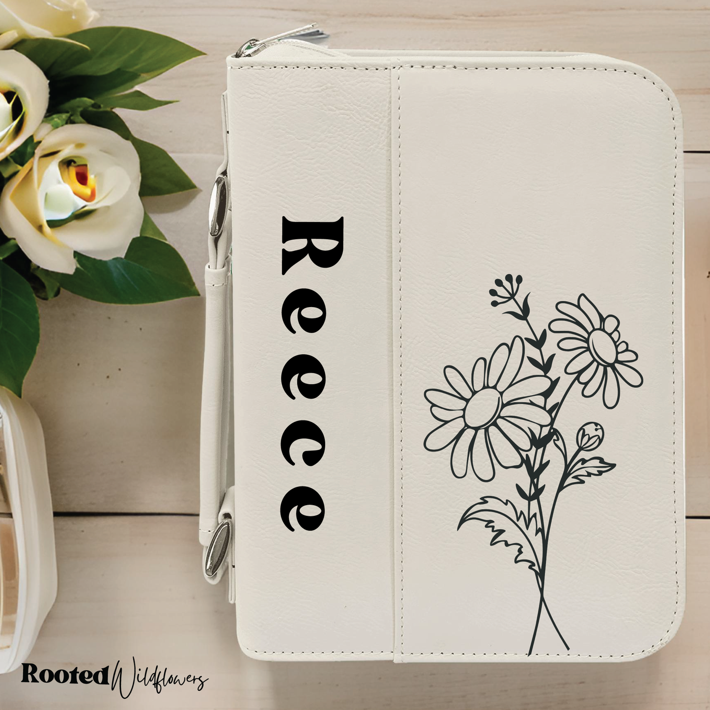 Personalized white leatherette engraved bible case with zipper, birth flower design