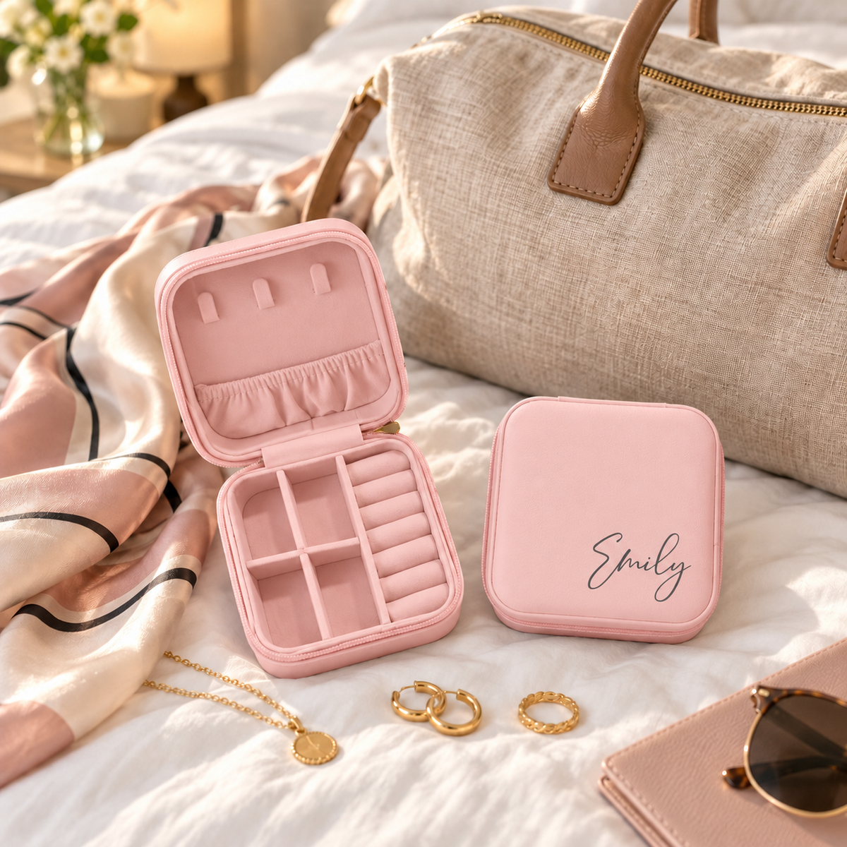 Personalized small travel jewelry box - name