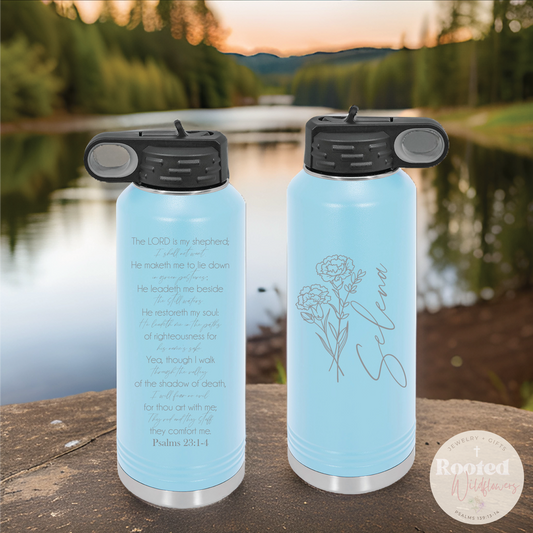 engraved psalms 23 water bottle Christian drinkware