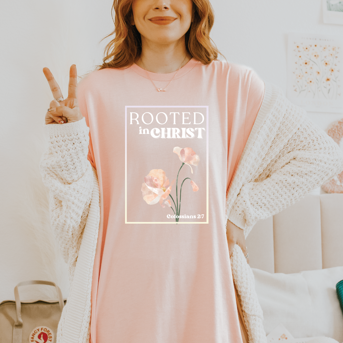 Rooted in Christ Colossians 2:7 womens tee shirt