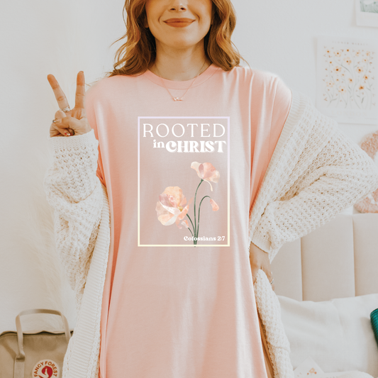 Rooted in Christ Colossians 2:7 womens tee shirt