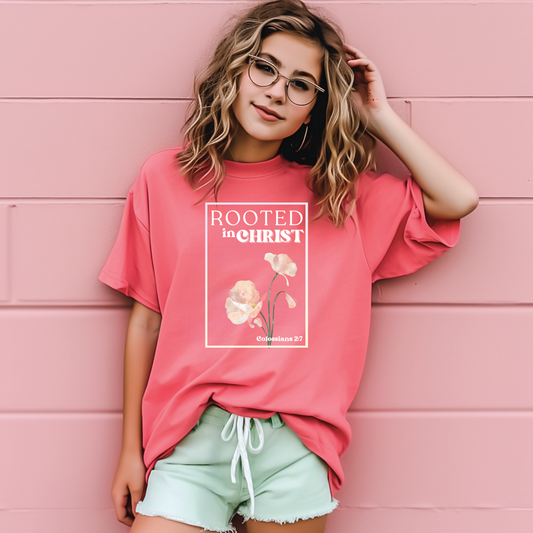 Rooted in Christ Colossians 2:7 girls youth tee shirt