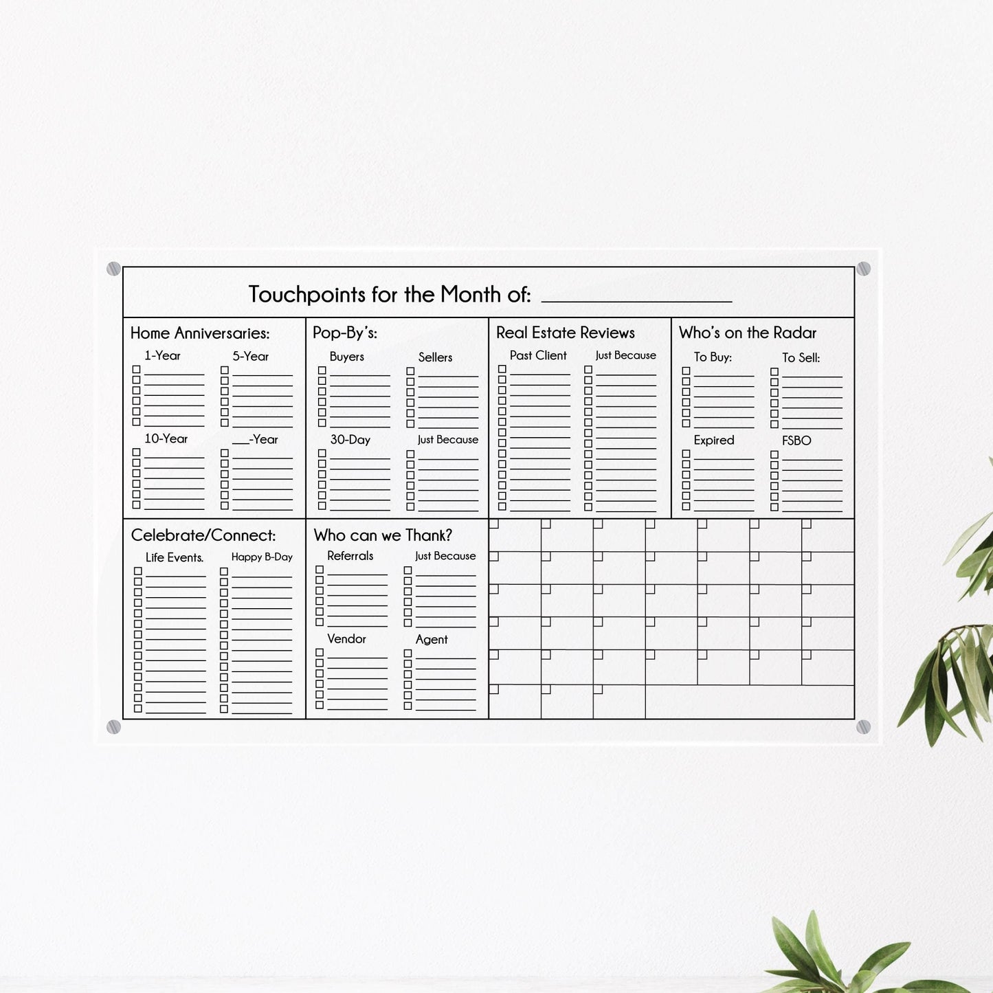 Real estate agent dry erase board, wet erase board, client communication tracking board