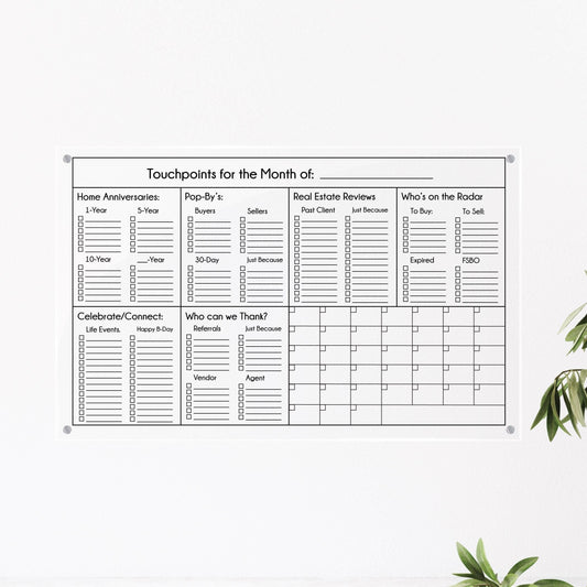 Real estate agent dry erase board, wet erase board, client communication tracking board
