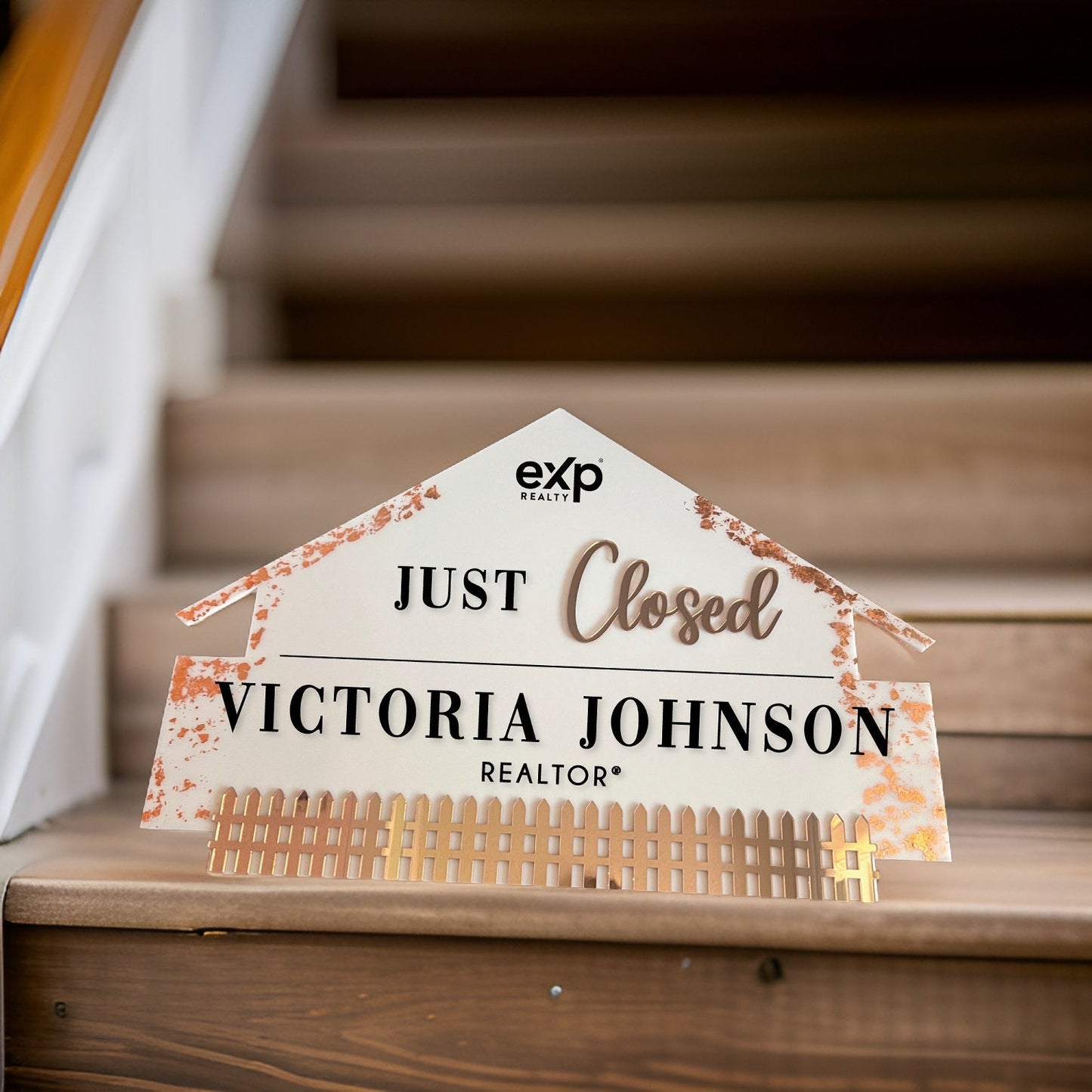 Rose gold closing sign Acrylic Real estate house closing sign with fence, just closed real estate sign, real estate agent, Just Closed sign