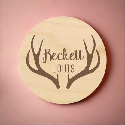 Engraved Wood Newborn Name Sign - Antlers