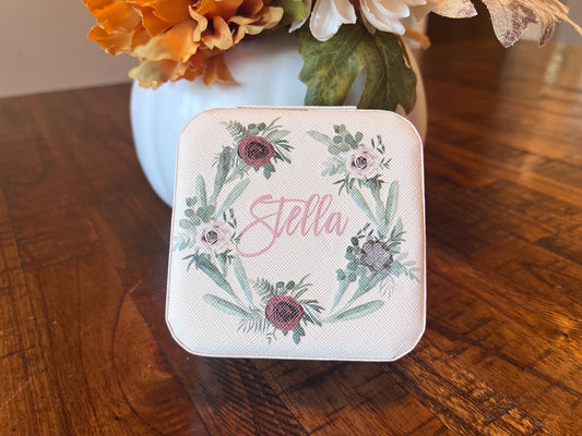 Personalized Name Jewelry box, small floral travel jewelry zipper box