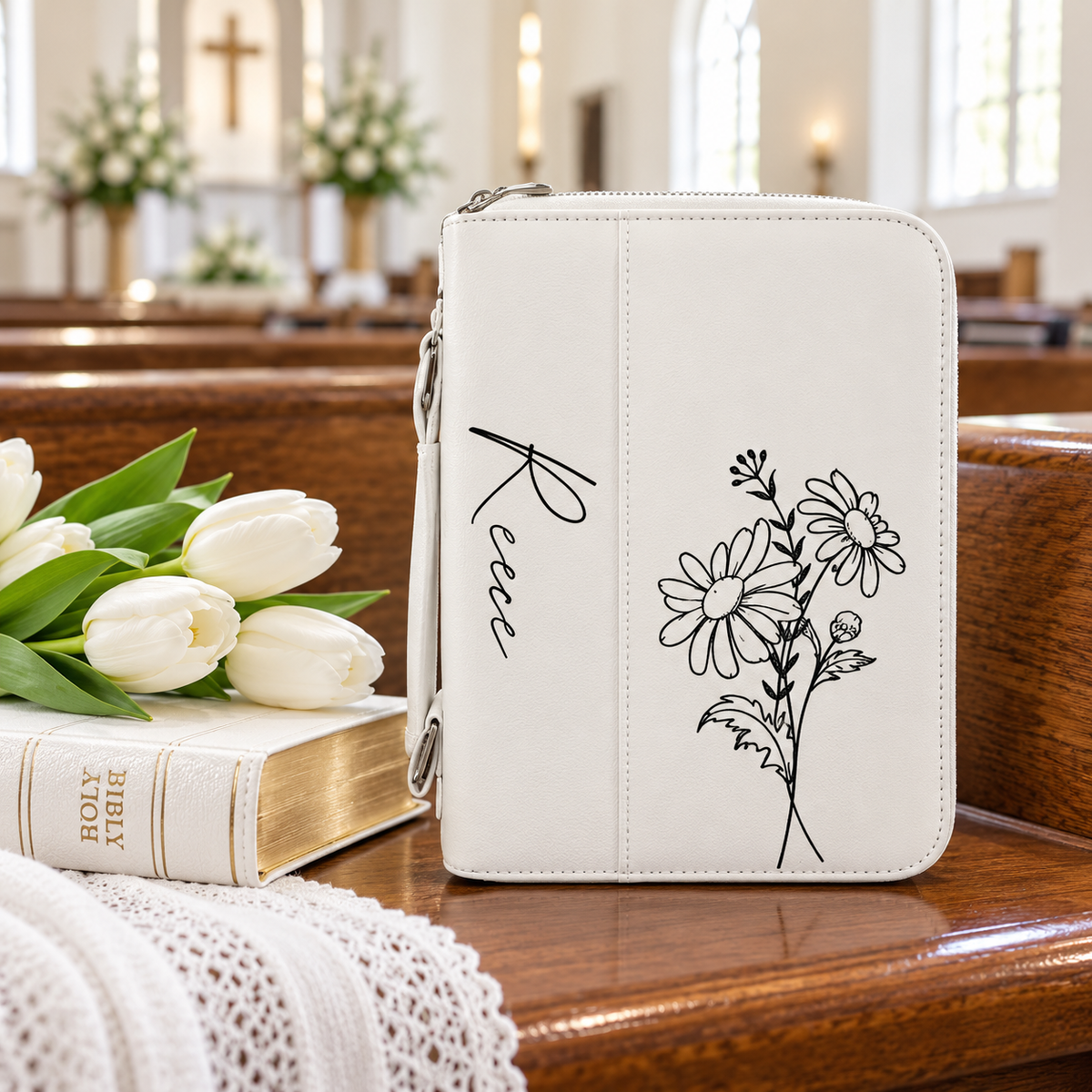 Personalized white leatherette engraved bible case with zipper, birth flower design