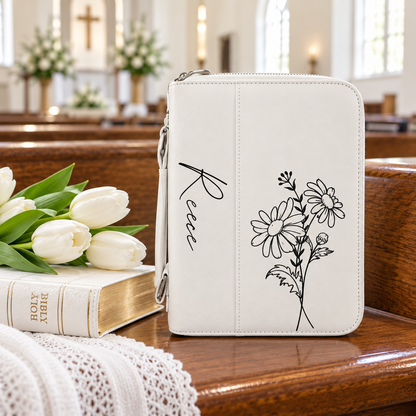 Personalized white leatherette engraved bible case with zipper, birth flower design
