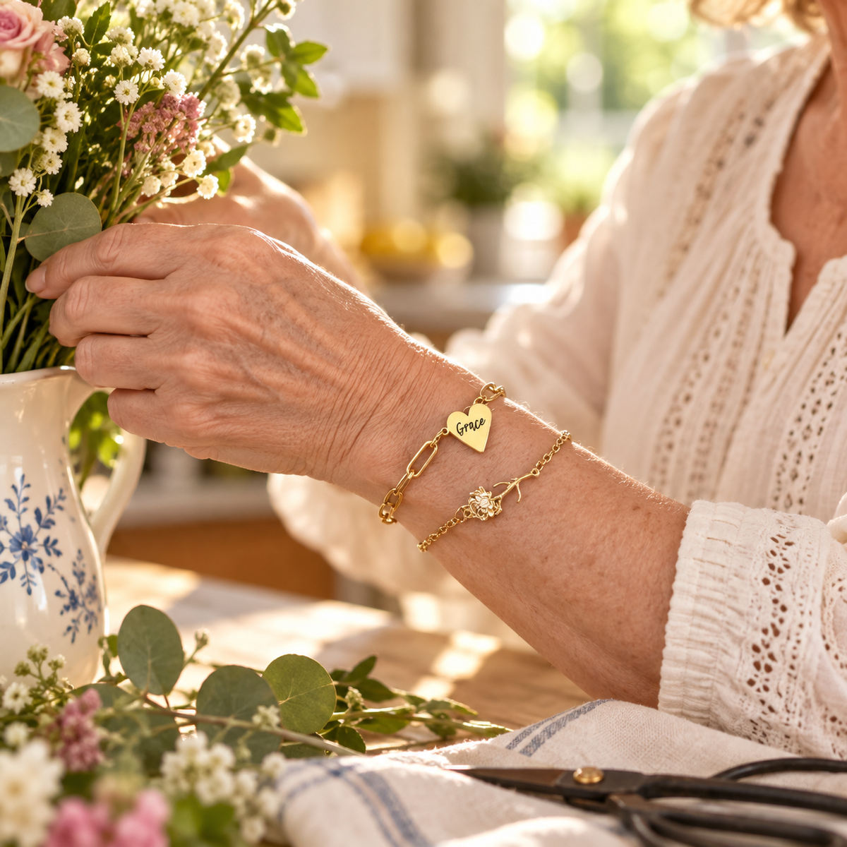 Gold Heart Monogram Paperclip Bracelet + Birth month flower gold bracelet combo