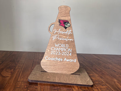 Custom Cheerleading Trophy – Personalized Wooden Award with UV Printed Team Logo Name Cheer Squad, Coach, or Banquet Gift