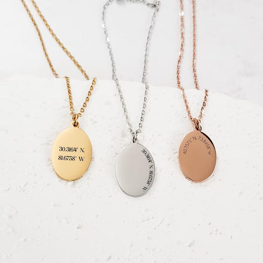 Coordinates necklace, personalized coordinates oval pendant necklace, Coordinates jewelry gift