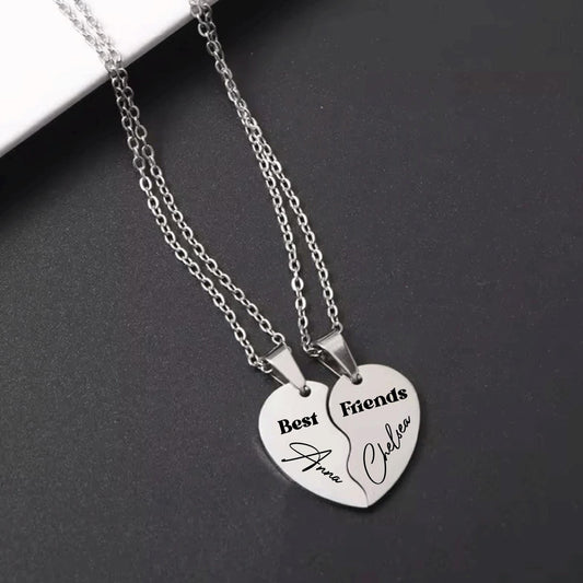 Engraved best friend necklaces, name necklace, best friend heart necklaces, set of 2 necklaces, personalized BFF split heart necklaces