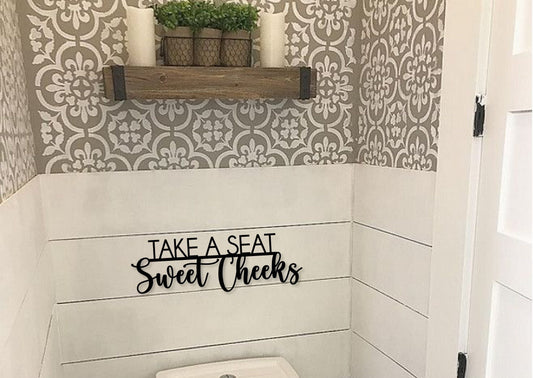 Take a seat sweet cheeks wood cutout, cute bathroom decor, funny toilet sign, funny bathroom, custom wood sign, custom bathroom inspo