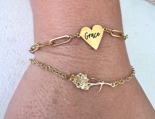 Gold Paperclip heart bracelet and birth flower bracelet combo, stacking bracelets, paperclip jewelry, wildflower, engraved name bracelet