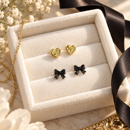 Mini Stud Set | Gold Glitter Hearts & Black Glitter Bows | Stella Collection
