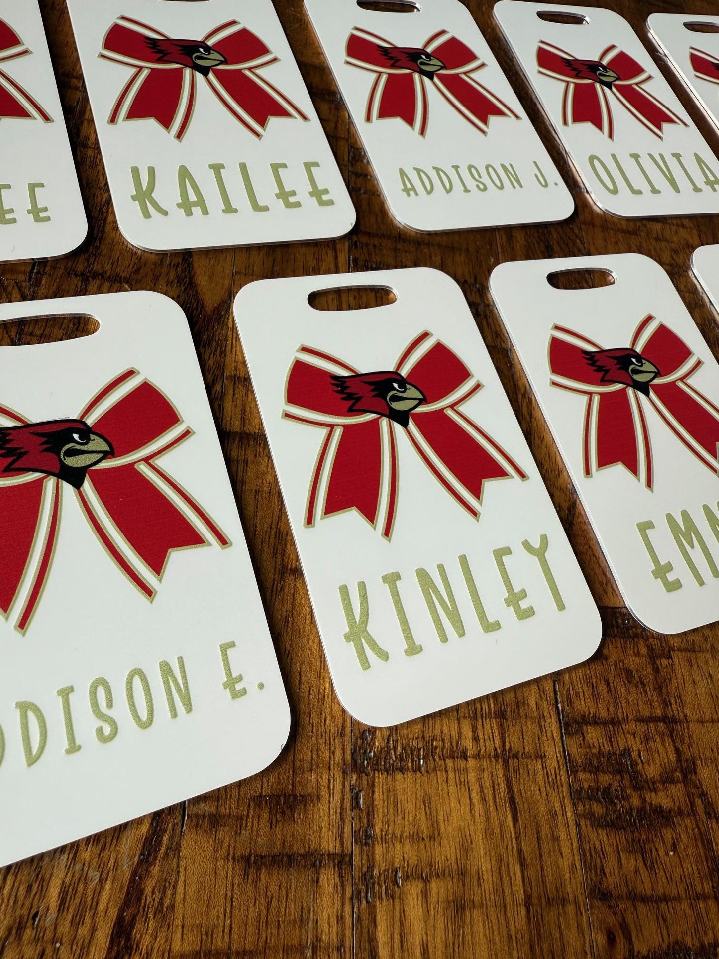 Custom Cheer Bow Bag Tag – 2-Sided Aluminum with Name & Team Logo – Personalized Cheerleading, Dance, or Sports Bag ID Tag