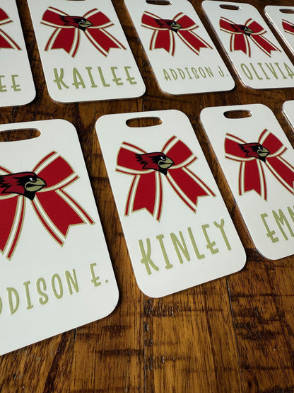 Custom Cheer Bow Bag Tag – 2-Sided Aluminum with Name & Team Logo – Personalized Cheerleading, Dance, or Sports Bag ID Tag