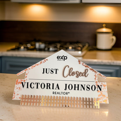 Rose gold closing sign Acrylic Real estate house closing sign with fence, just closed real estate sign, real estate agent, Just Closed sign