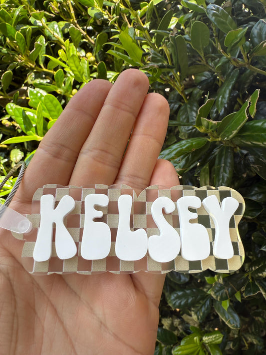 Retro name tag, retro bag tag, aesthetic name tag Custom Clear Checkered Acrylic Bag Tag – Personalized White Name Tag for Backpacks, bottle