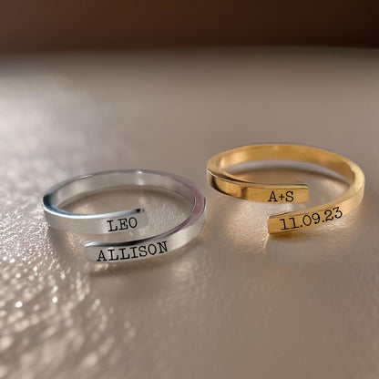 Custom engraved minimalist twist ring, adjustable stainless steel ring, narrow, tarnish-resistant, anniversary gift idea for women
