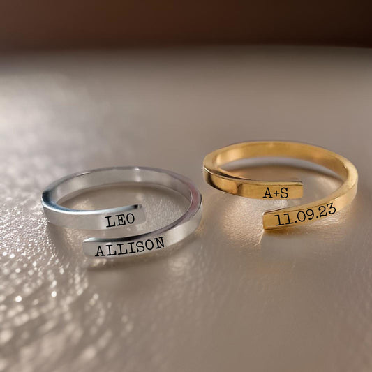 Custom engraved minimalist twist ring, adjustable stainless steel ring, narrow, tarnish-resistant, anniversary gift idea for women