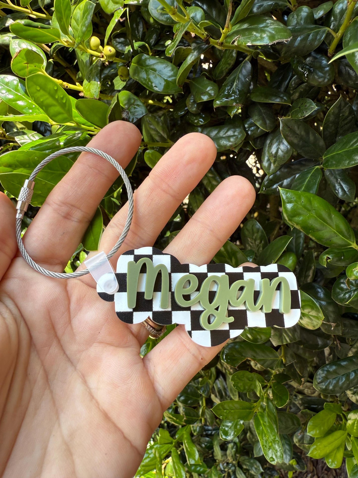 Personalized Acrylic Bag Tag – Black & White Checker with 3D Name – Custom Backpack, Sports Bag, or Luggage Tag