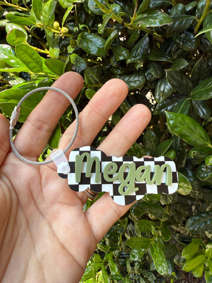 Personalized Acrylic Bag Tag – Black & White Checker with 3D Name – Custom Backpack, Sports Bag, or Luggage Tag