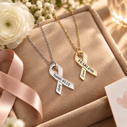 Personalized cancer ribbon necklace, cancer survivor necklace, engraved breast cancer necklace, cancer awareness necklace