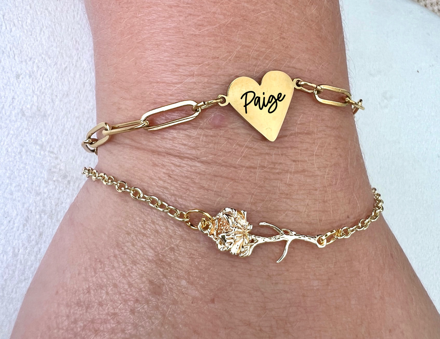 Gold Heart Monogram Paperclip Bracelet + Birth month flower gold bracelet combo