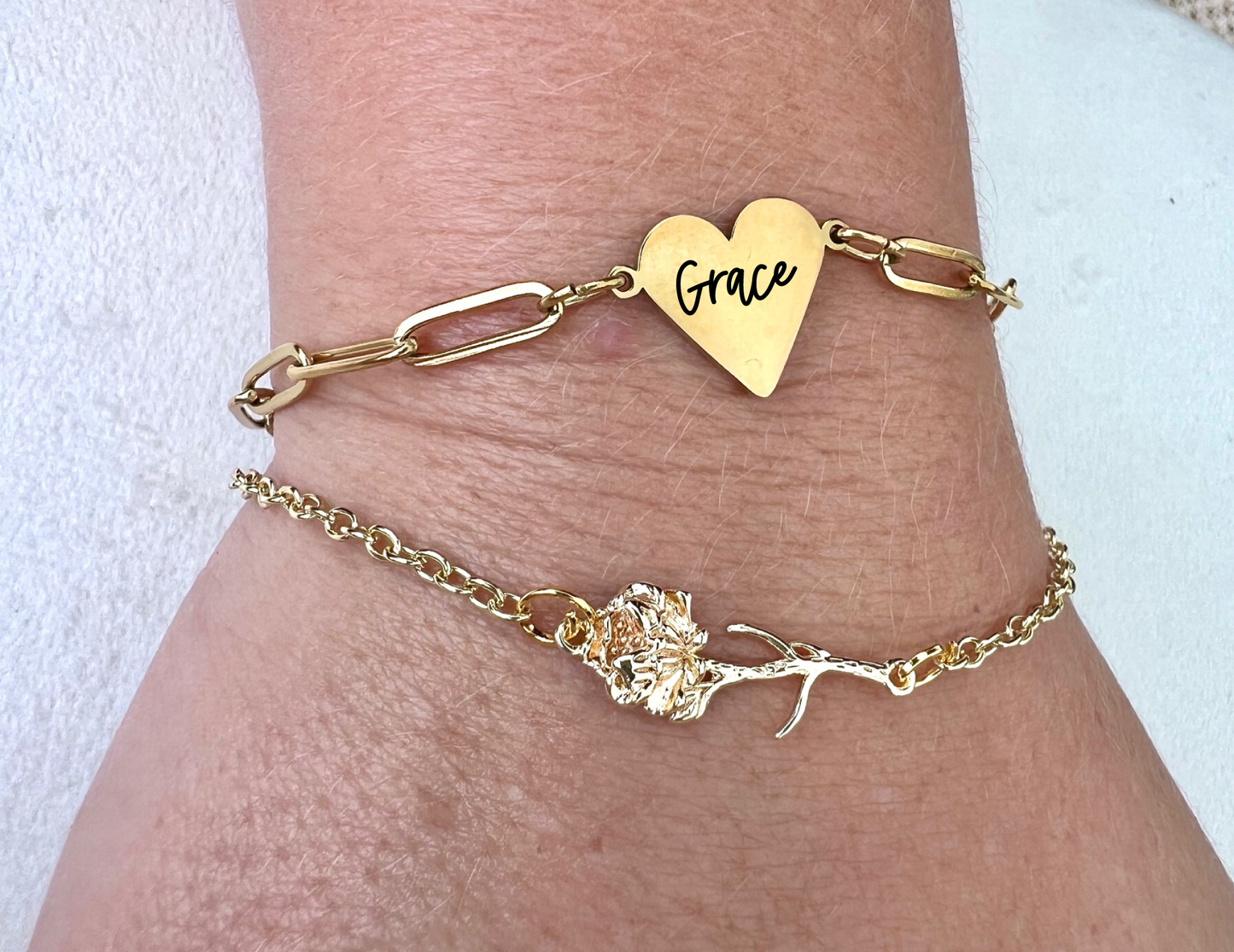 Gold Heart Monogram Paperclip Bracelet + Birth month flower gold bracelet combo