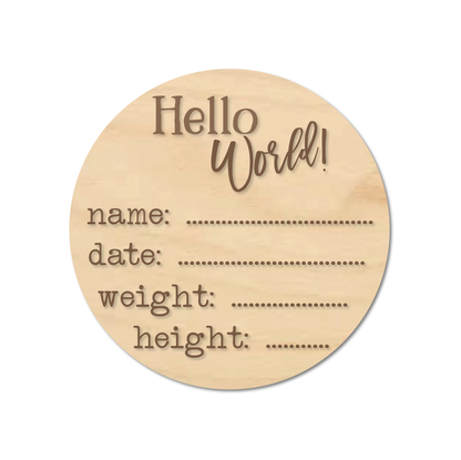 "Hello World" Newborn announcement birth details engraved sign