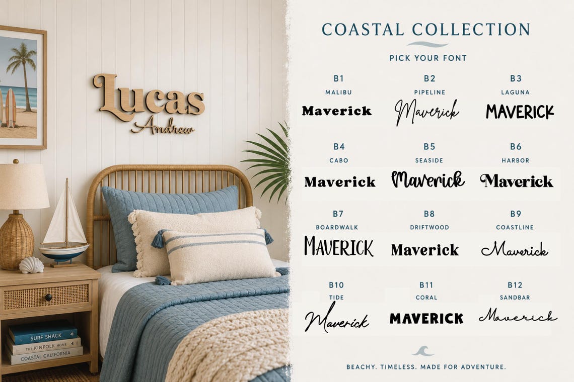 Personalized Coastal Nursery Name Sign | Beach Theme Baby Name Wall Decor | Custom Wood Name Sign | Ocean Nursery Decor