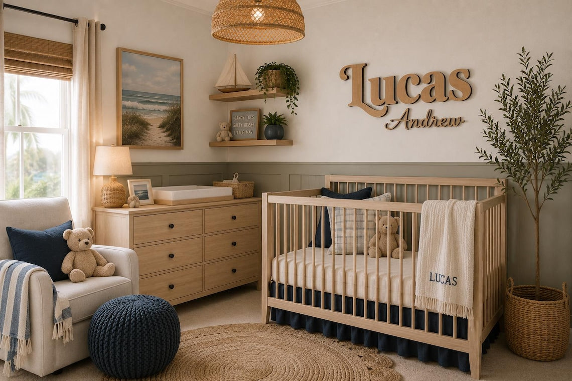 Personalized Coastal Nursery Name Sign | Beach Theme Baby Name Wall Decor | Custom Wood Name Sign | Ocean Nursery Decor