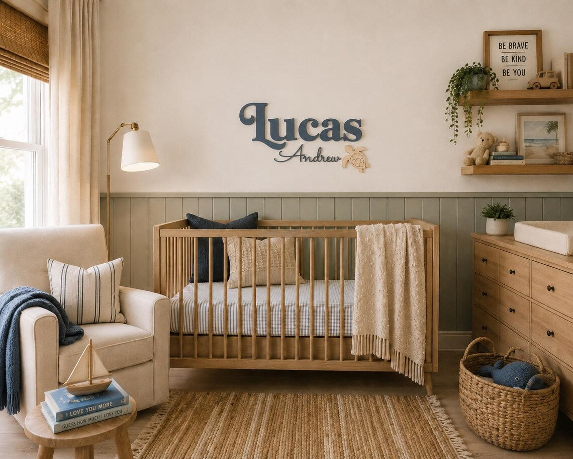 Personalized Coastal Nursery Name Sign | Beach Theme Baby Name Wall Decor | Custom Wood Name Sign | Ocean Nursery Decor