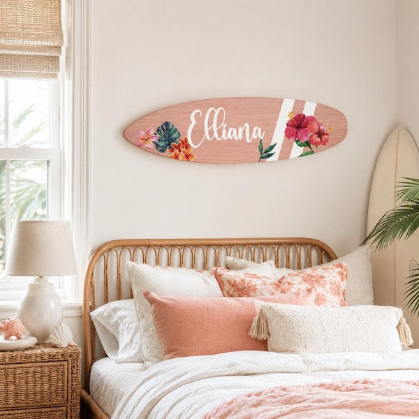 Surfboard name sign - floral with two stripes