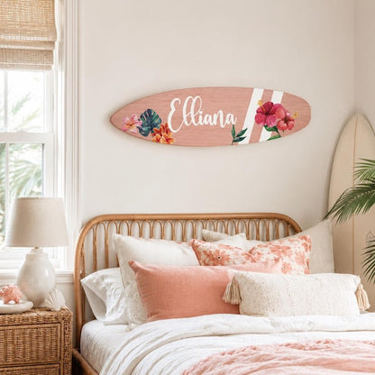 Surfboard name sign - floral with two stripes