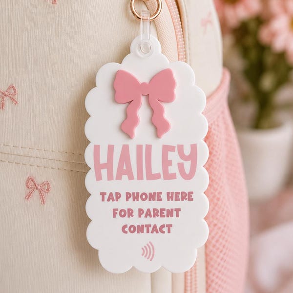 Personalized Bow NFC Safety Bag Charm | Kids Backpack Emergency Contact Tag | Tap Phone for Parent Contact | Girls Pink Custom Acrylic Backpack (Copy) (Copy)