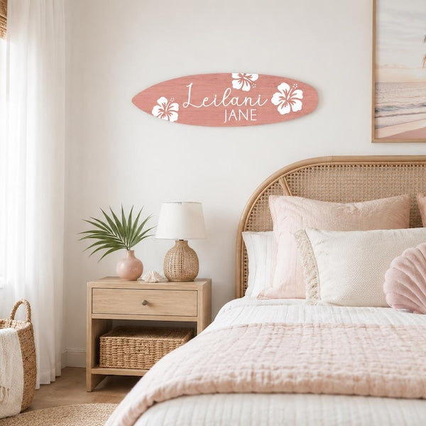 Surfboard name sign - Hawaiian hibiscus flowers